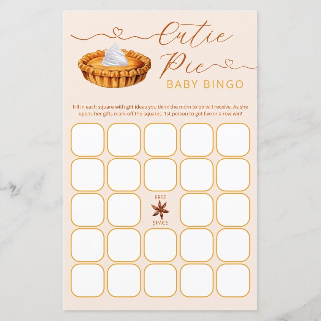 Papier Cutie Baby shower à tarte Jeu de Bingo (Devant)