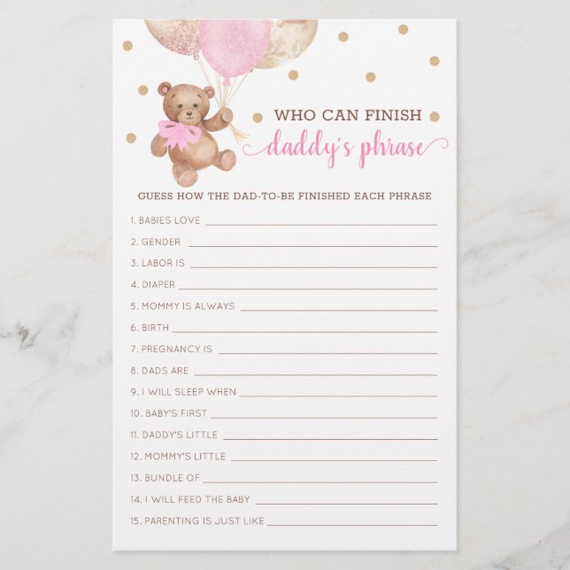 Papier Daddy's Phrase Jeu Baby shower Teddy Bear (Devant)