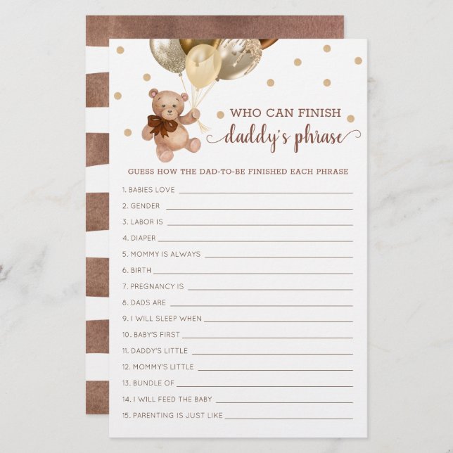 Papier Daddy's Phrase Jeu Baby shower Teddy Bear (Devant / Derrière)