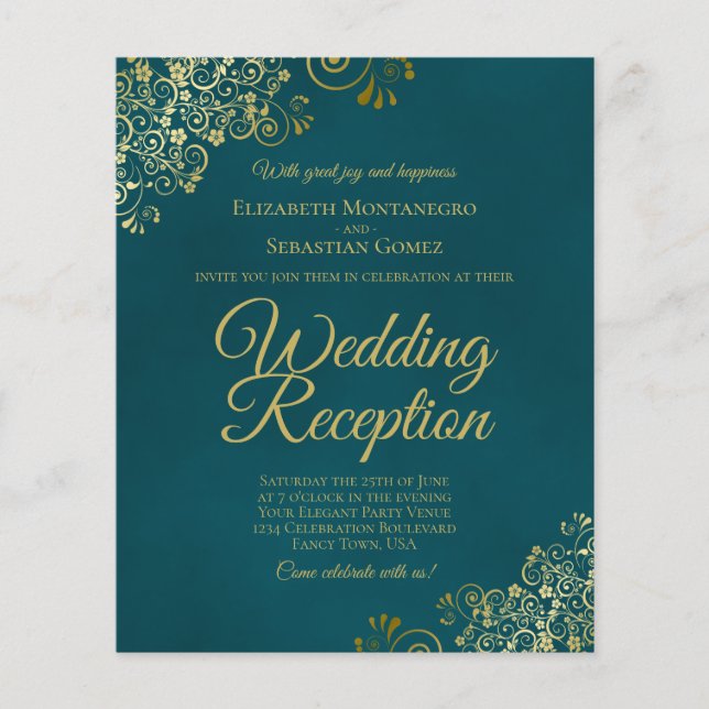Papier Dark Teal & Gold Wedding Reception BUDGET Invite (Devant)
