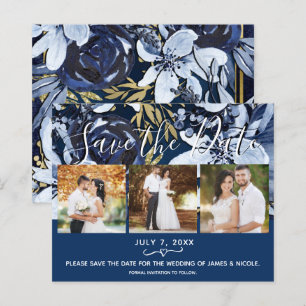 Papier Date à sauvegarder florale bleu et or rustique