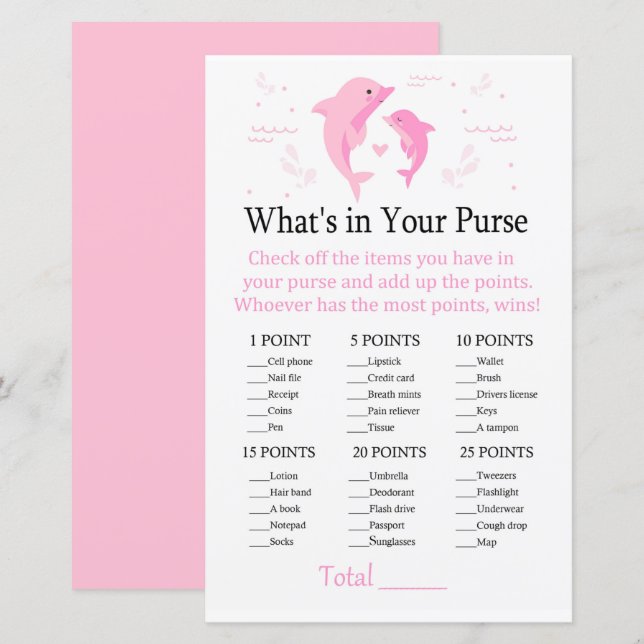 Papier Dauphin rose Qu'est-ce qu'il y a dans votre sac à  (Devant / Derrière)