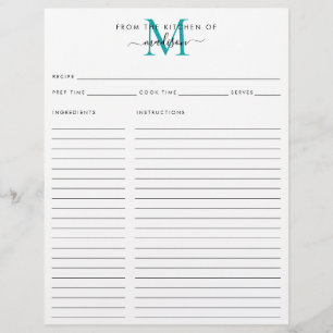 Papier De la cuisine de Turquoise Monogramme vert Recette