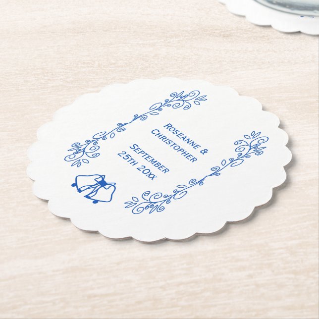 Papier de mariage Sous-verre Bleu Saphir Cloches (Incliné)