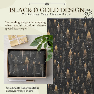 Papier de soie à motif d'arbre de Noël noir et or