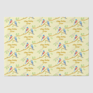 Papier de soie bleu oiseaux jaune pâle
