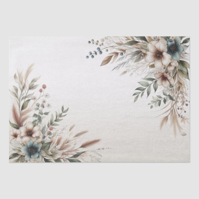 Papier de soie fleurs bleu ivoire aquarelle (Recto)