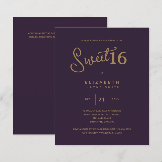 Papier Deep Purple SWEET 16 Élégant Moderne Anniversaire  (Devant / Derrière)