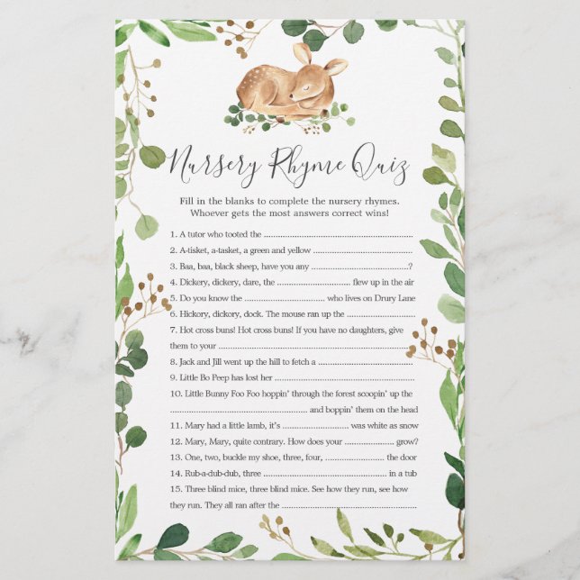 Papier Deer Baby shower Nursery Rhyme Jeu (Devant)