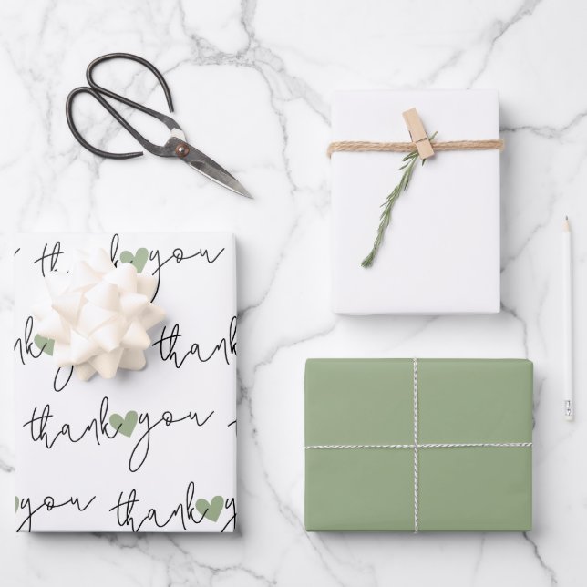 Papier d'emballage 3 ensembles Merci cœur vert bla (Recto)
