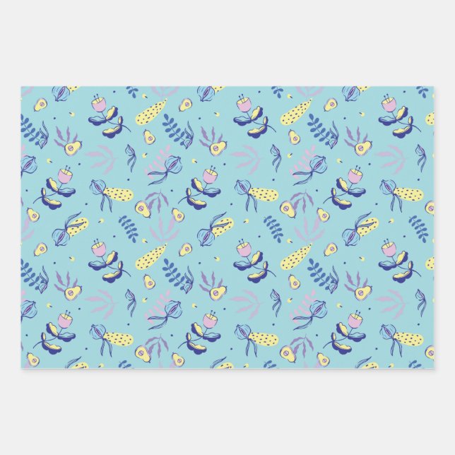 Papier d'emballage à motif floral aqua (Devant)