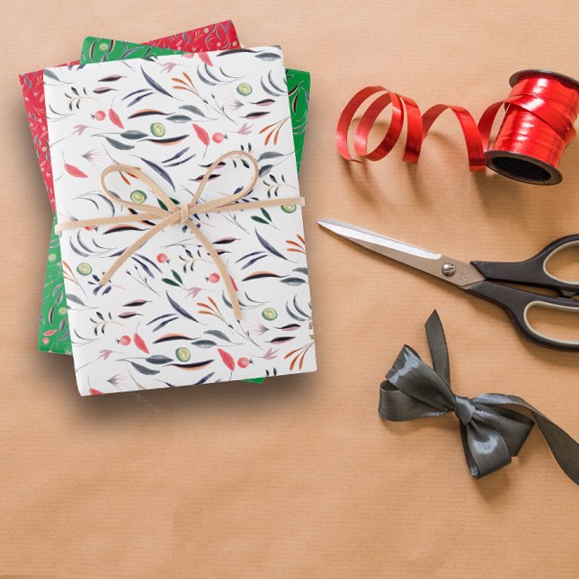 Papier d'emballage blanc vert rouge motif botaniqu (Créateur téléchargé)