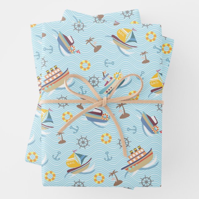 Papier d'emballage bleu de bateaux amusants (En situation)