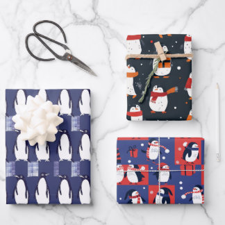 Papier d'emballage bleu motif manchot d'hiver 