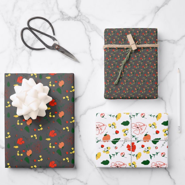Papier d'emballage en fleur sauvage rouge motif gr (Recto)