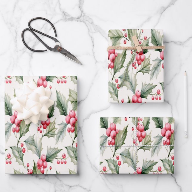 Papier d'emballage festif Holly et Berries (Recto)