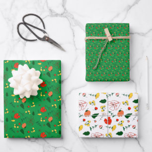 Papier d'emballage fleur sauvage rouge motif vert