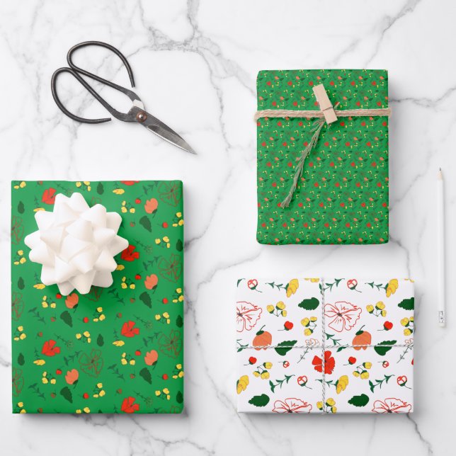 Papier d'emballage fleur sauvage rouge motif vert (Recto)