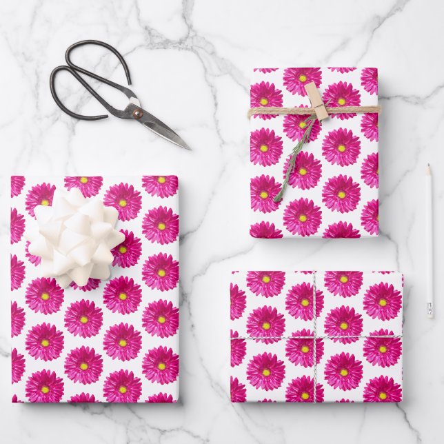Papier d'emballage floral à marguerite rose vif, 3 (Recto)