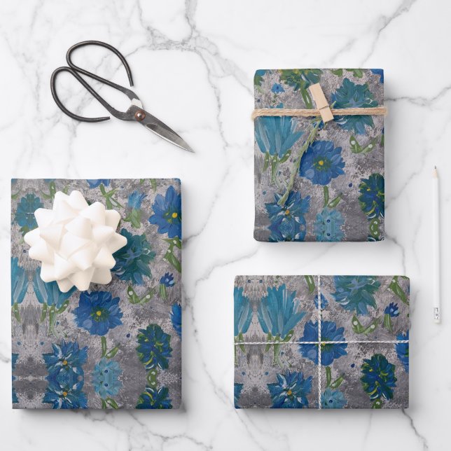 Papier d'emballage floral à marguerite turquoise (Recto)