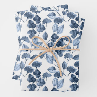 Papier d'emballage floral aquarelle bleu indigo
