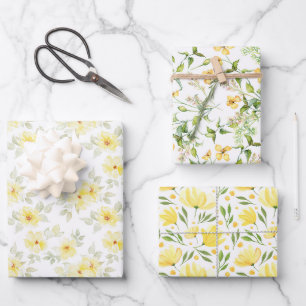 Papier d'emballage floral jaune, emballage cadeau