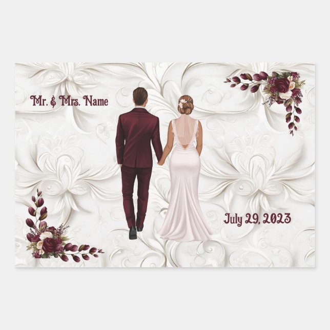 Papier d'emballage mariage bordeaux et blanc (Devant)