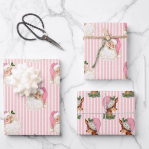 Papier d'emballage rayé rose Père Noël & Renne Vin