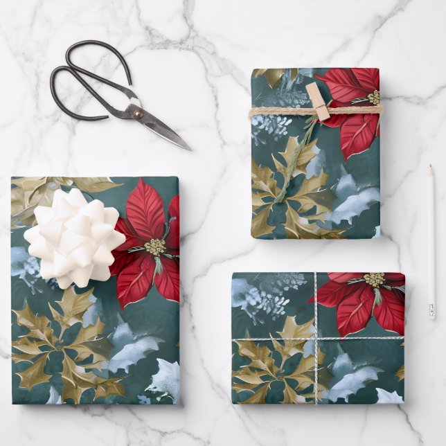 Papier d'emballage rustique de Noël poinsettia   (Recto)