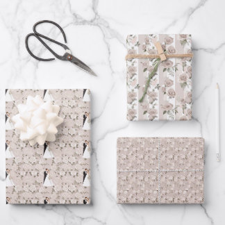 Papier d'emballage taupe et mariage blanc élégant