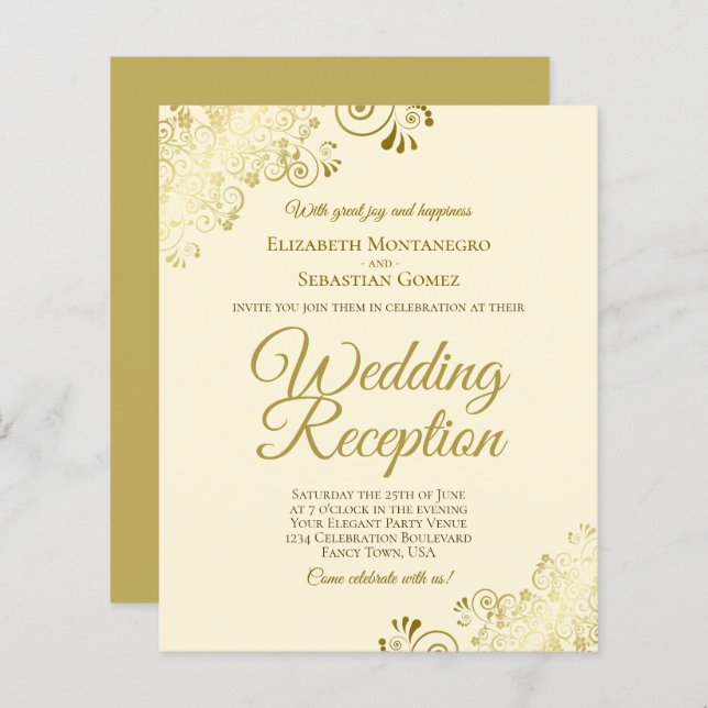 Papier Dentelle d'or sur crème Mariage Réception Invitati (Devant / Derrière)