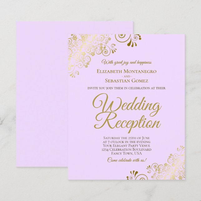 Papier Dentelle d'or sur Lilac Mariage Réception Invitati (Devant / Derrière)