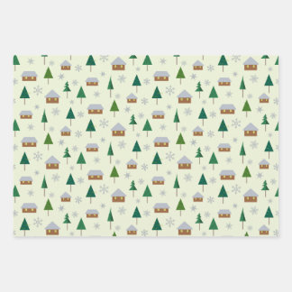 Papier d'enveloppement avec sapins et maisons