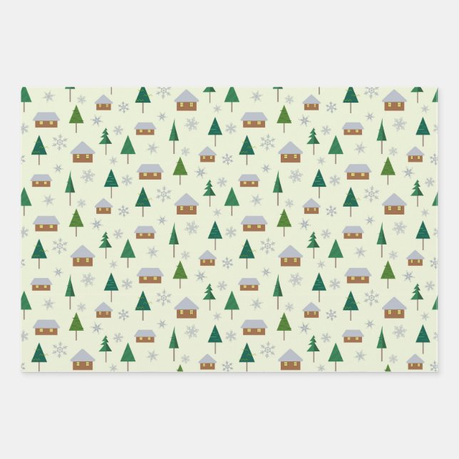 Papier d'enveloppement avec sapins et maisons (Devant)
