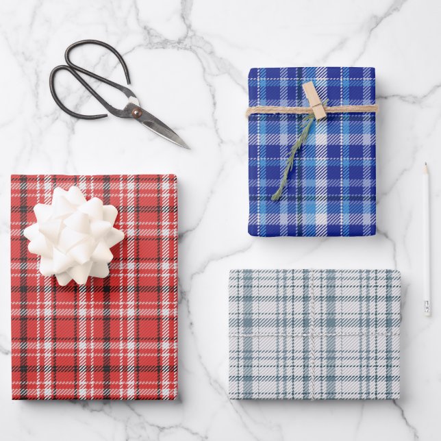 Papier d'enveloppement blanc bleu rouge à plaid Je (Recto)