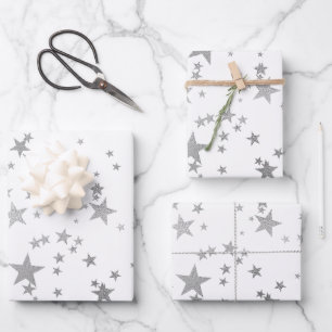 Papier d'enveloppement blanc et argenté étoile cél
