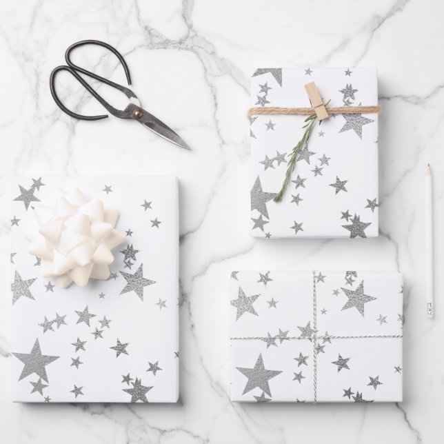 Papier d'enveloppement blanc et argenté étoile cél (Recto)