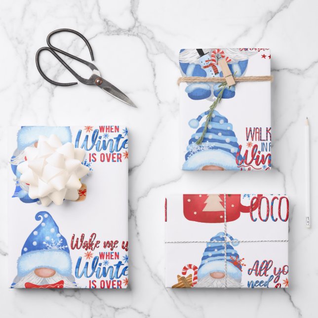 Papier d'enveloppement bleu, blanc et rouge hiver  (Recto)