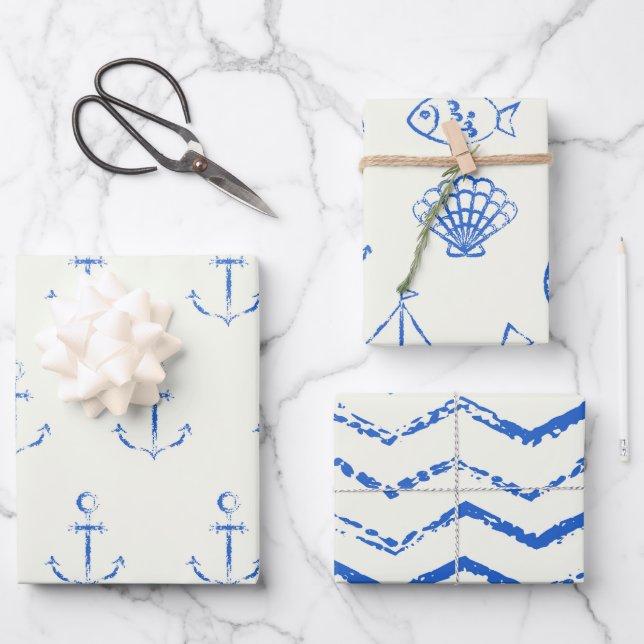 Papier d'enveloppement bleu et blanc maritime Ense (Recto)