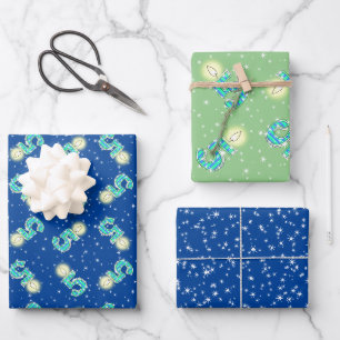Papier d'enveloppement bleu et vert 5e anniversair