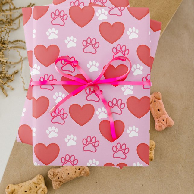 Papier d'enveloppement de la Saint-Valentin (Cute dog paw and heart print wrapping paper)
