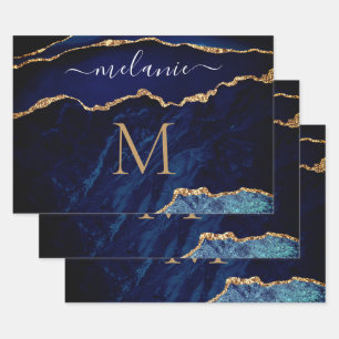 Papier d'enveloppement de marbre bleu or Nom perso