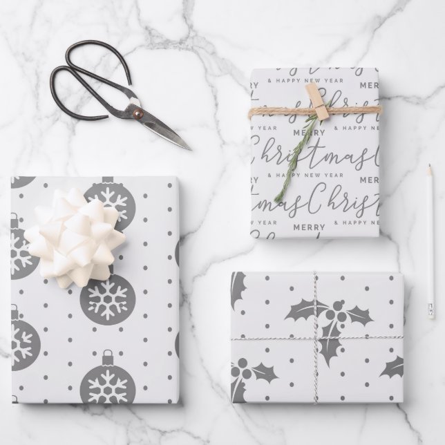 Papier d'enveloppement de Noël gris et blanc (Recto)