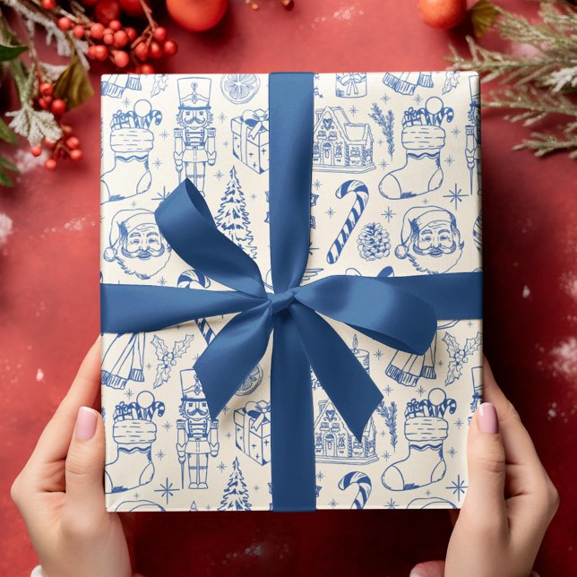 Papier d'enveloppement de Noël Retro Blue Doodle (Créateur téléchargé)