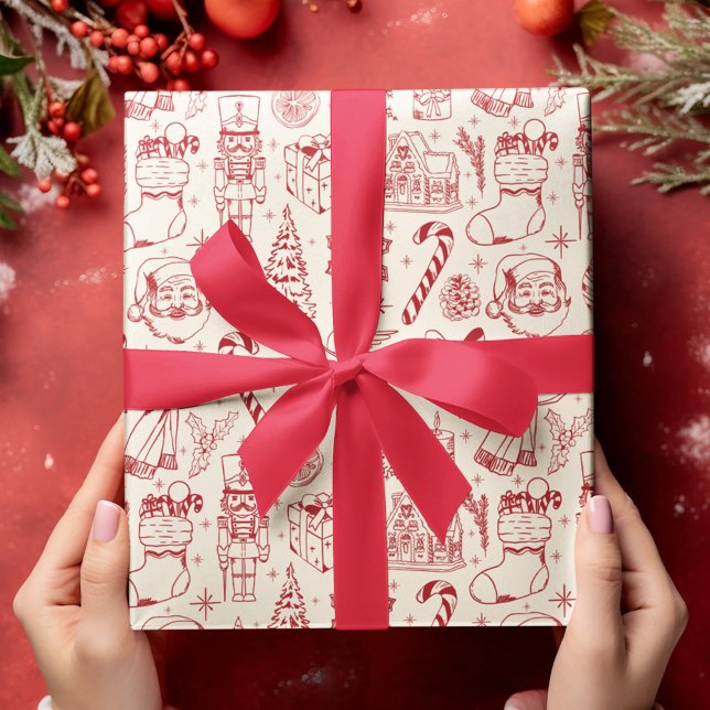 Papier d'enveloppement de Noël Retro Red Doodle (Créateur téléchargé)