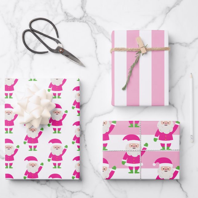 Papier d'enveloppement de Noël rose et vert Père N (Recto)
