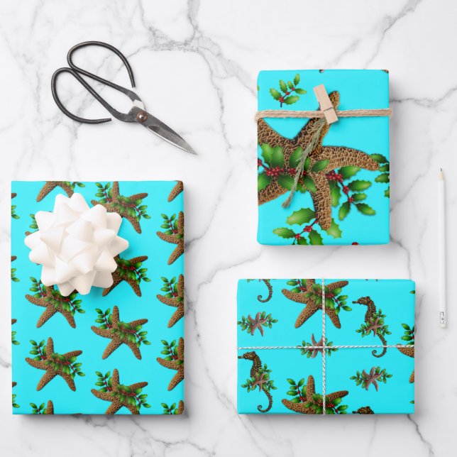 Papier d'enveloppement de Noël Starfish Aqua Beach (Recto)