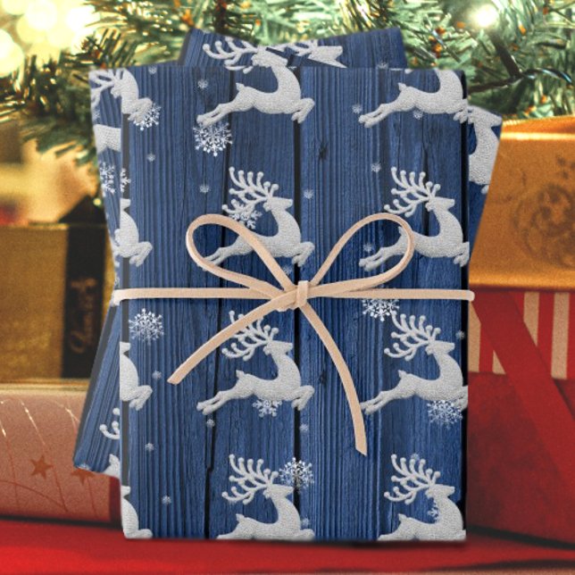 Papier d'enveloppement de rennes de Noël rustique  (Blue Rustic Christmas Reindeer Wrapping Paper)