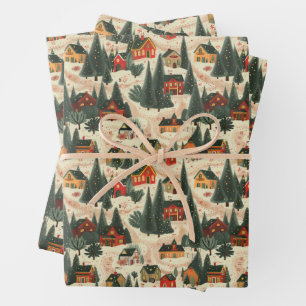 Papier d'enveloppement moderne du village de Noël