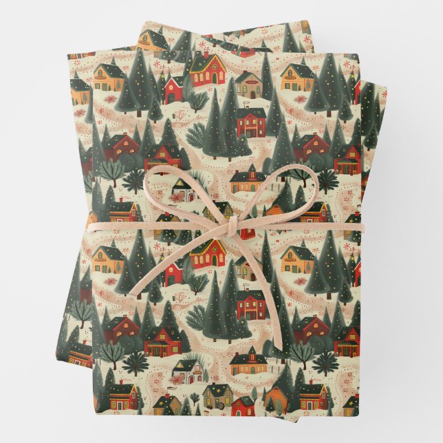 Papier d'enveloppement moderne du village de Noël (En situation)